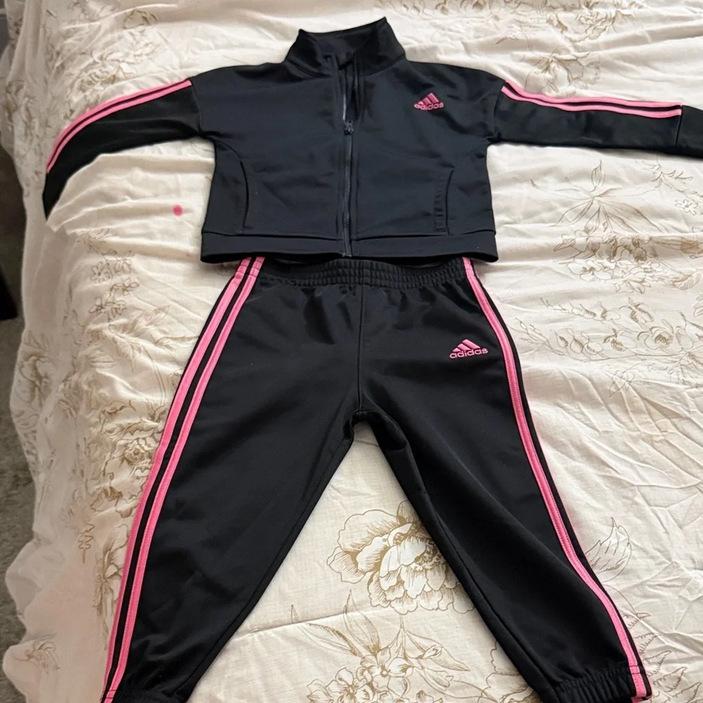 Adidas Girls Full Zip 2 piece Black with Pink Stripes Tracksuit